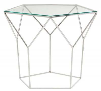Product photograph of Ivey Glass Top And Chrome Pentagonal Coffee Table from Choice Furniture Superstore