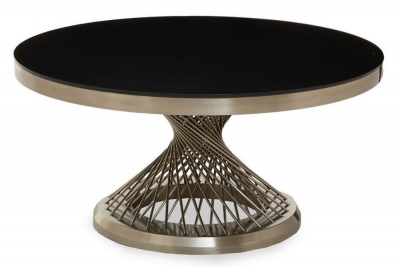 Product photograph of Rison Black Glass Top And Silver Geometric Base Round Coffee Table from Choice Furniture Superstore