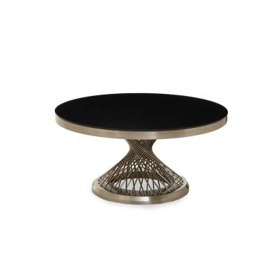Anzio Black Glass Round Coffee Table with Geometric Base