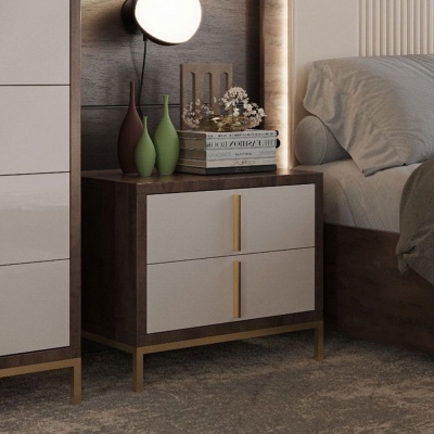 Meridian Glossy Ivory and Brown 2 Drawer Italian Bedside Cabinet