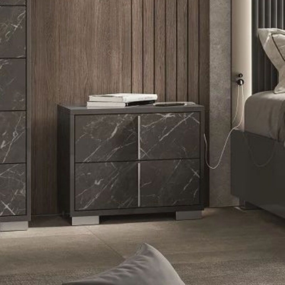 Carvelle Night Glossy Grey Marble Effect 2 Drawer Italian Bedside Cabinet