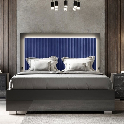 Carvelle Night Italian Bed with Blue Quilted Striped Headboard
