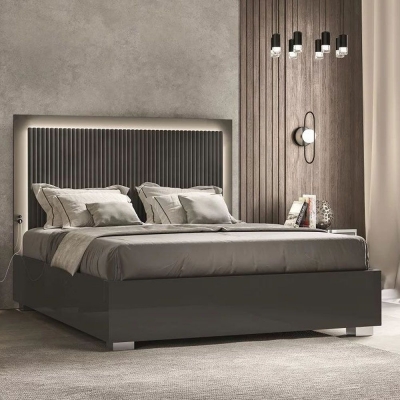 Carvelle Night Italian Bed with Grey Quilted Striped Headboard