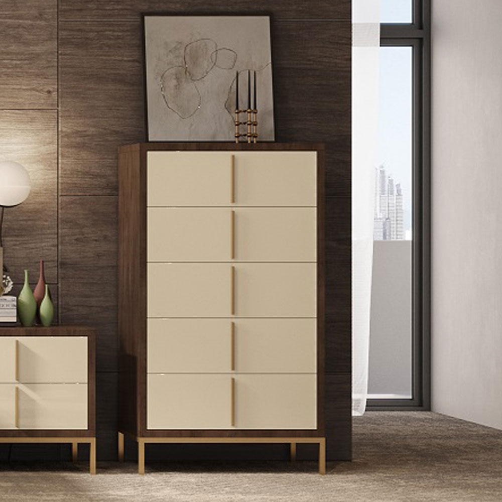 Meridian Italian Cream and Walnut 5 Drawer Chest