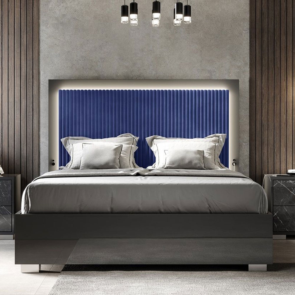 Carvelle Night Italian Blue Fabric Headboard Bed - Sizes Available