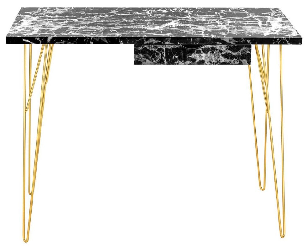 Fusion Black Marble Effect Desk with Gold Hairpin Legs