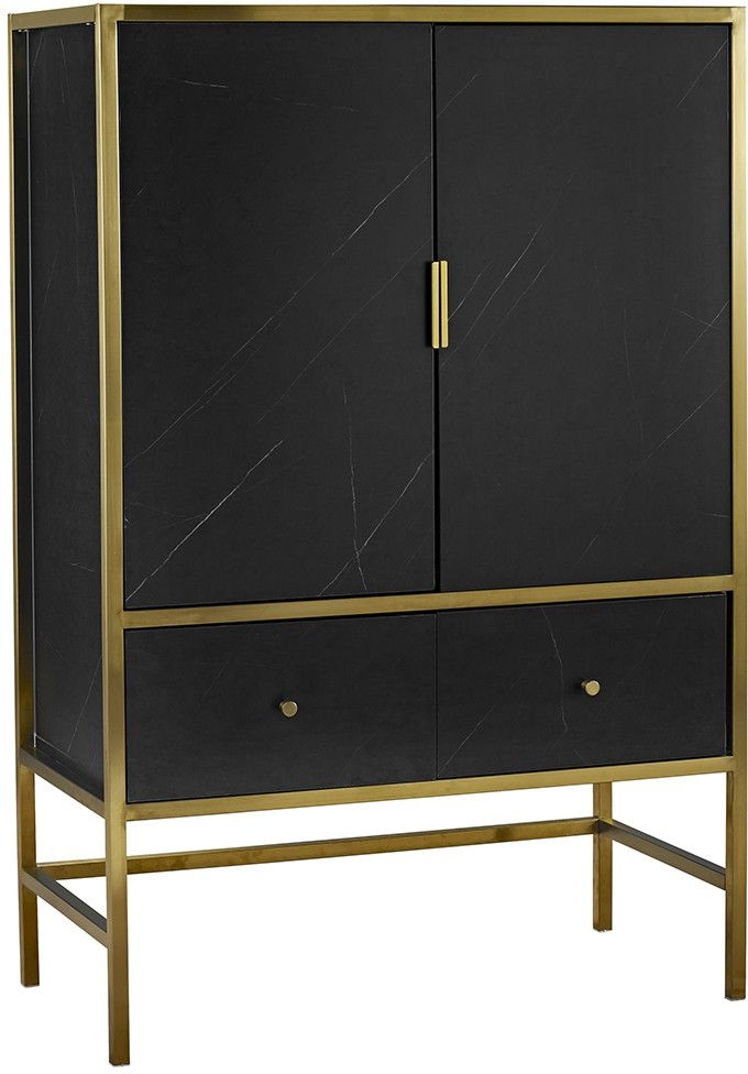 Monaco Black Faux Marble and Gold Wine Cocktail Cabinet