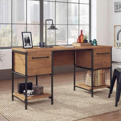 Product photograph of Teknik Iron Foundry Double Pedestal Oak Desk from Choice Furniture Superstore