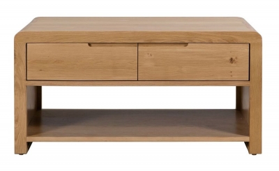 Product photograph of Curve Oak 2 Drawer Coffee Table from Choice Furniture Superstore