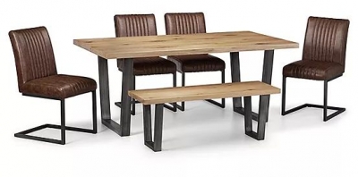 Brooklyn Rustic Oak 6 Seater Dining Table Set With 4 Brown Leather Chair and 1 Bench