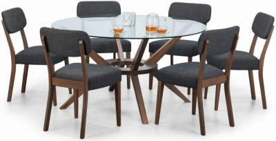 Chelsea Walnut and Glass Round 6 Seater Dining Set with 6 Farringdon Chairs