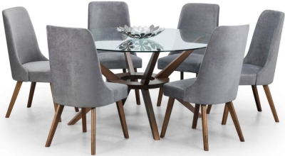 Chelsea Walnut and Glass Round 6 Seater Dining Set with 6 Huxley Chairs