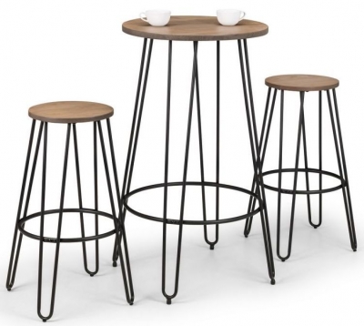 Dalston Mocha Elm Round Bar Table Set with 2 Stools, Hair Pin Legs