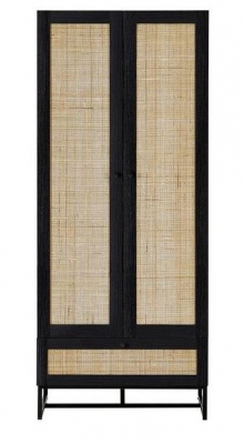 Product photograph of Padstow Black And Rattan 2 Door Combi Wardrobe from Choice Furniture Superstore