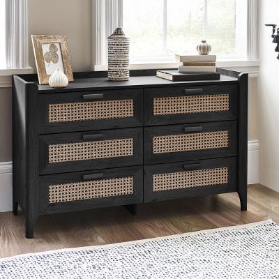 Sydney Black And Faux Rattan 6 Drawer Wide Chest