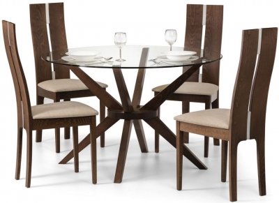 Product photograph of Chelsea Walnut And Glass Round 6 Seater Dining Set With 4 Cayman Chairs from Choice Furniture Superstore