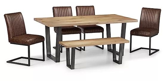 Brooklyn Oak 6 Seater Dining Set with 4 Brown Leather Chair and 1 Bench