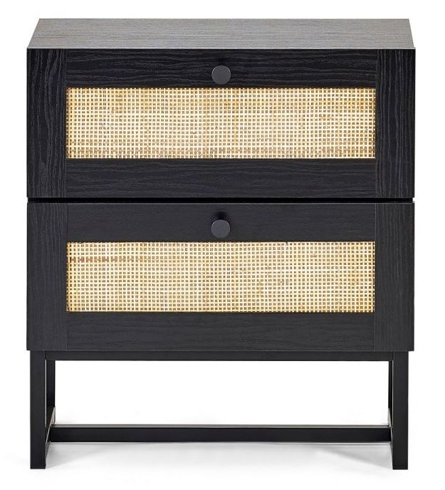 Padstow Black and Rattan 2 Drawer Bedside Cabinet
