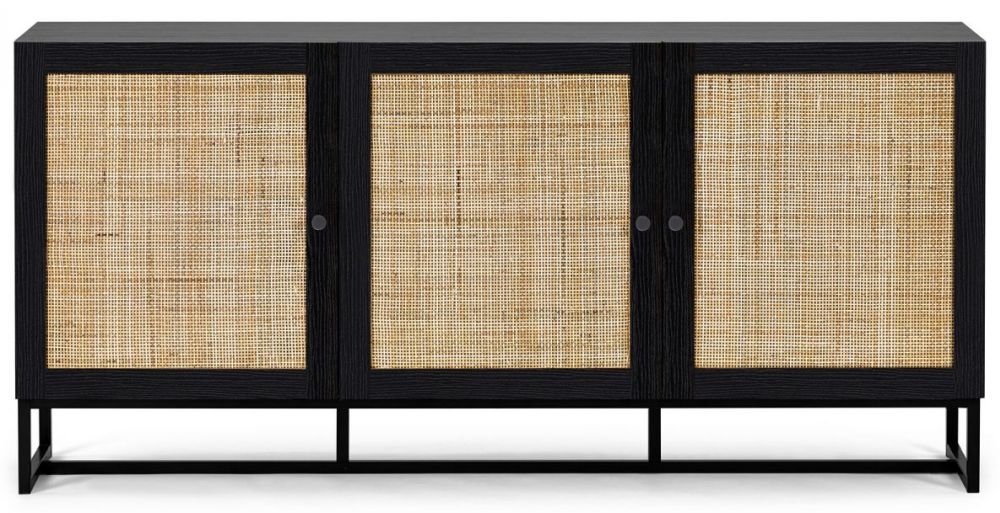 Padstow Black and Rattan 160cm Large Sideboard - 3 Doors
