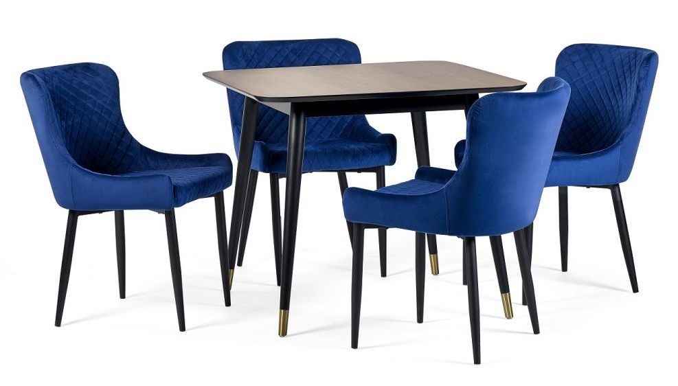 Findlay Walnut 4 Seater Square Dining Set with 4 Luxe Blue Chairs