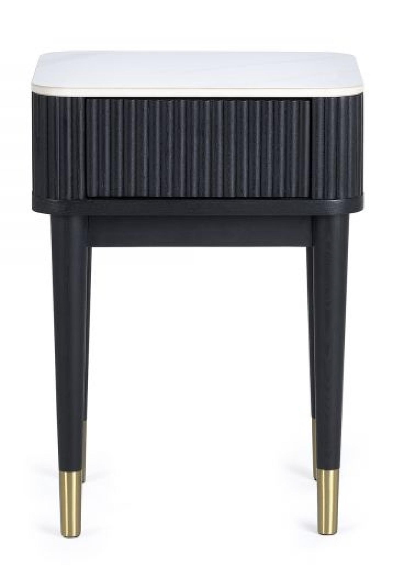 Louis White Ceramic Top 1 Drawer Lamp Table - Black Fluted Base