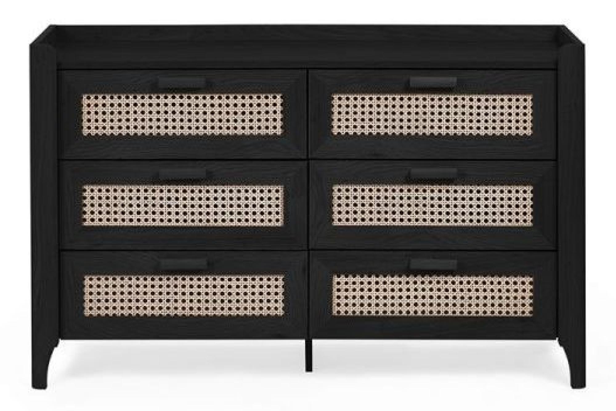 Sydney Black and Faux Rattan 6 Drawer Wide Chest