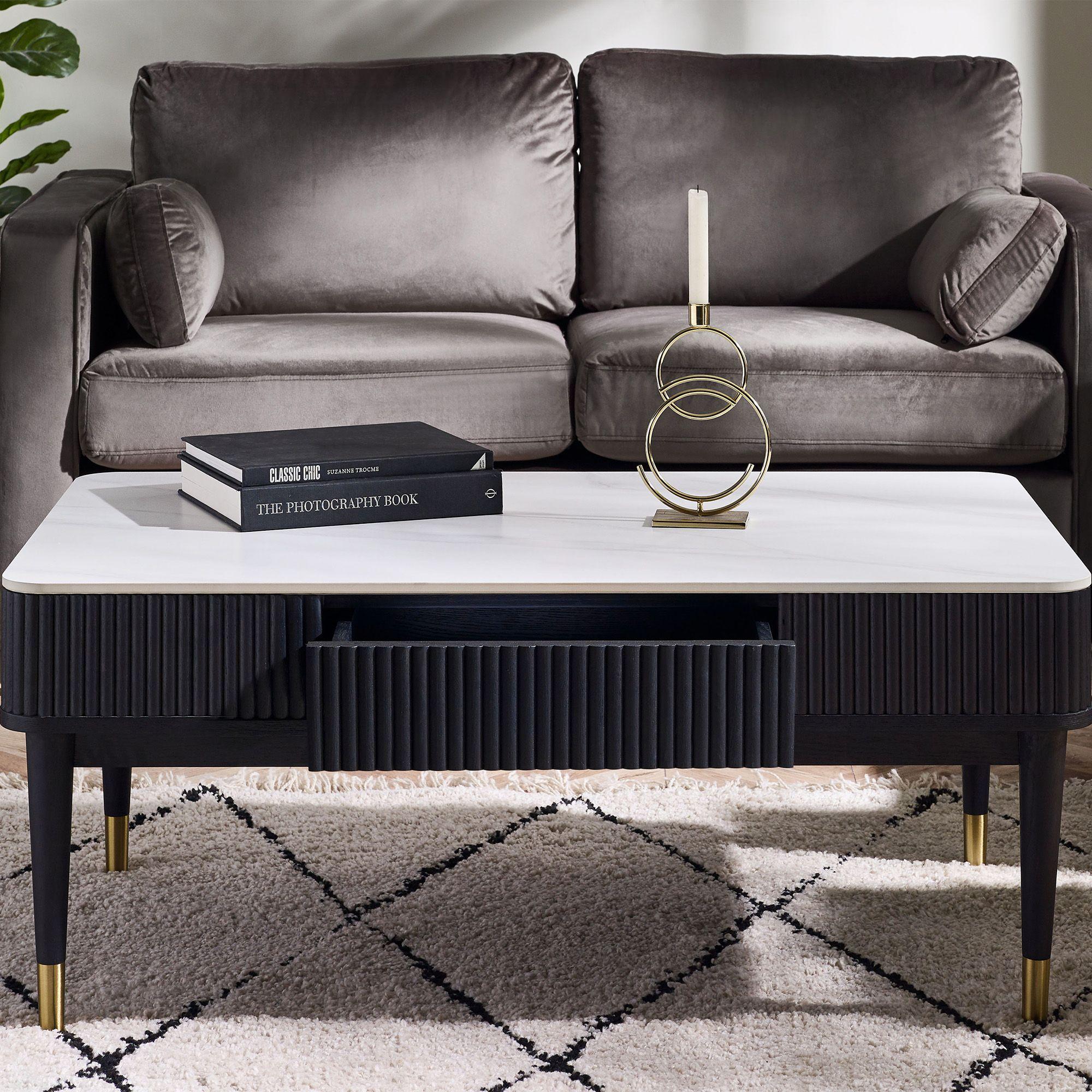 Louis White Ceramic Top 2 Drawer Coffee Table - Black Fluted Base