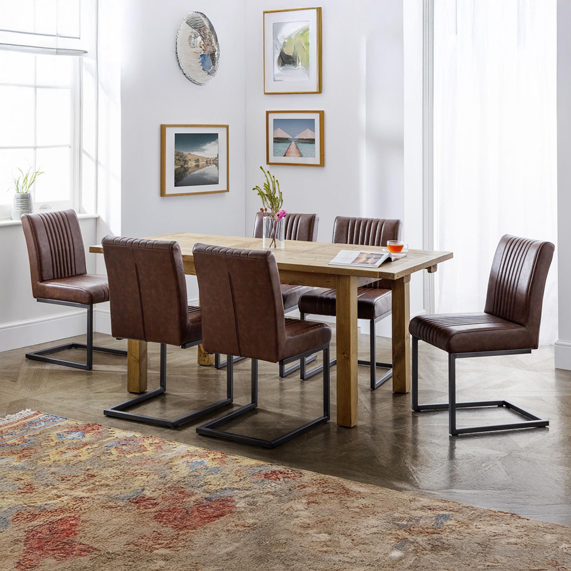 Brooklyn Oak 6 Seater Dining Set with 4 Brown Leather Chair and 1 Bench