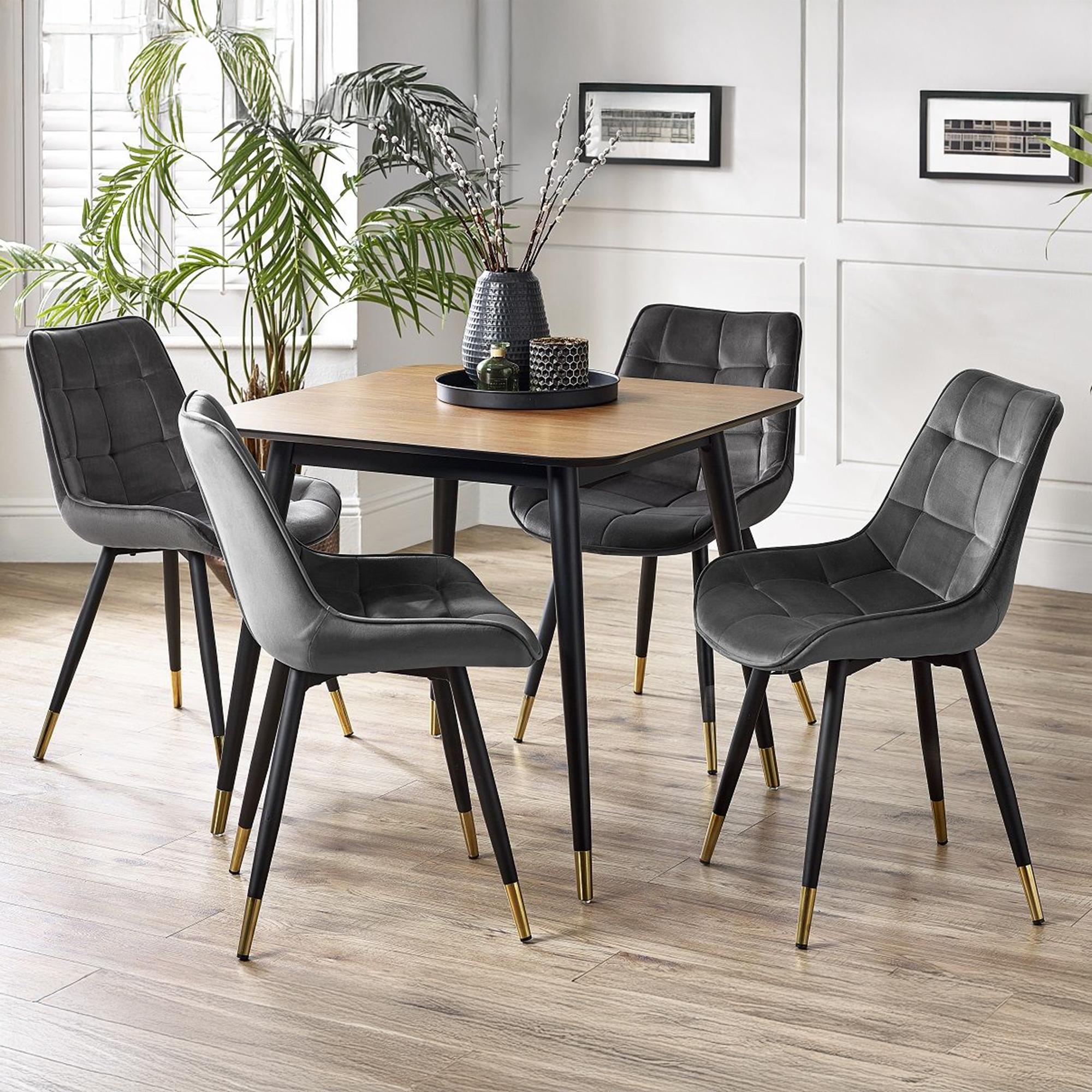 Findlay Walnut 4 Seater Square Dining Set with 4 Hadid Grey Chairs