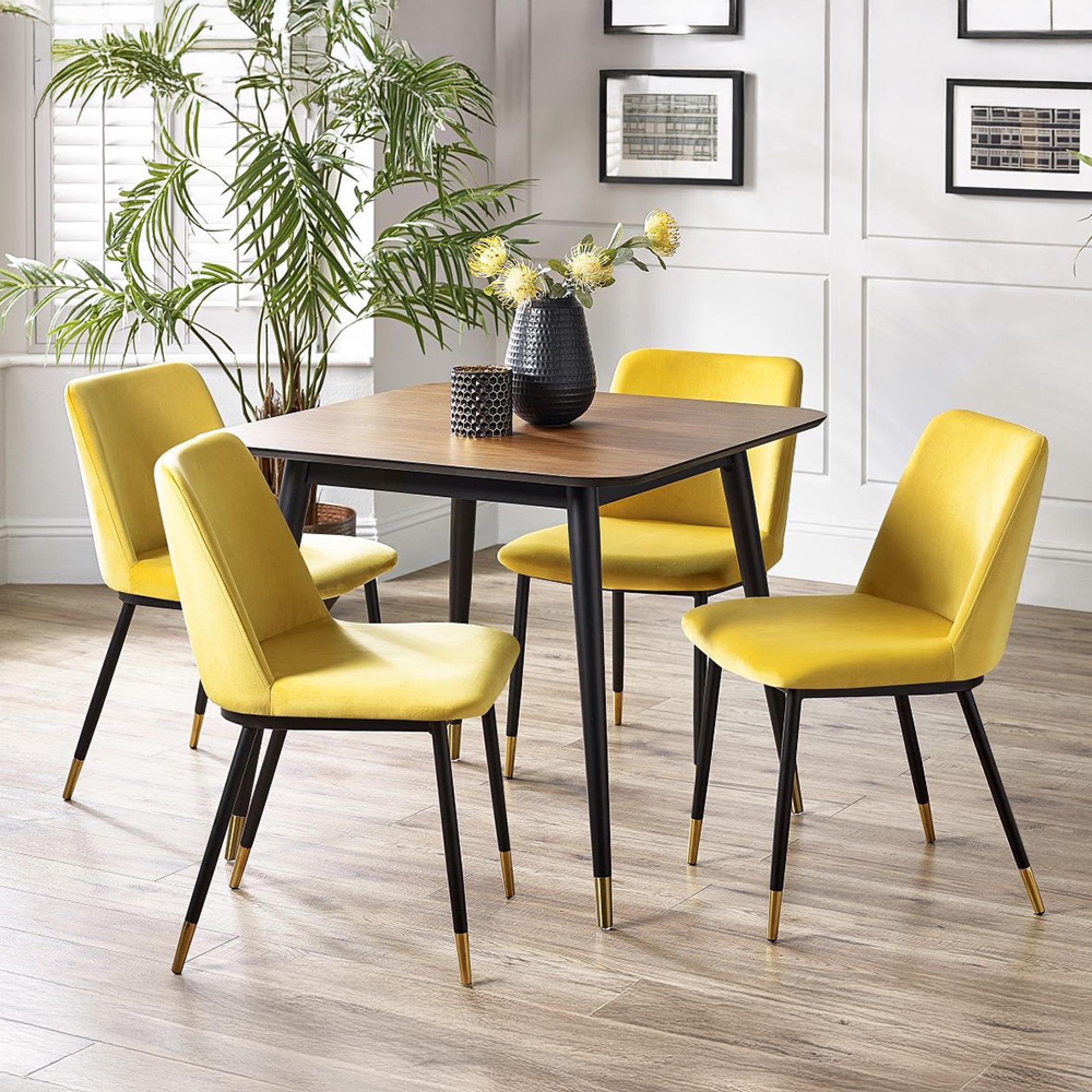 Findlay Walnut 4 Seater Square Dining Set with 4 Delaunay Yellow Chairs