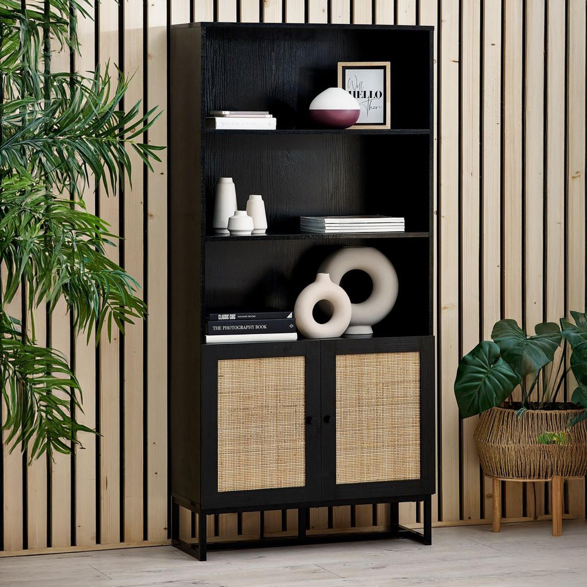 Padstow Black and Rattan Bookcase
