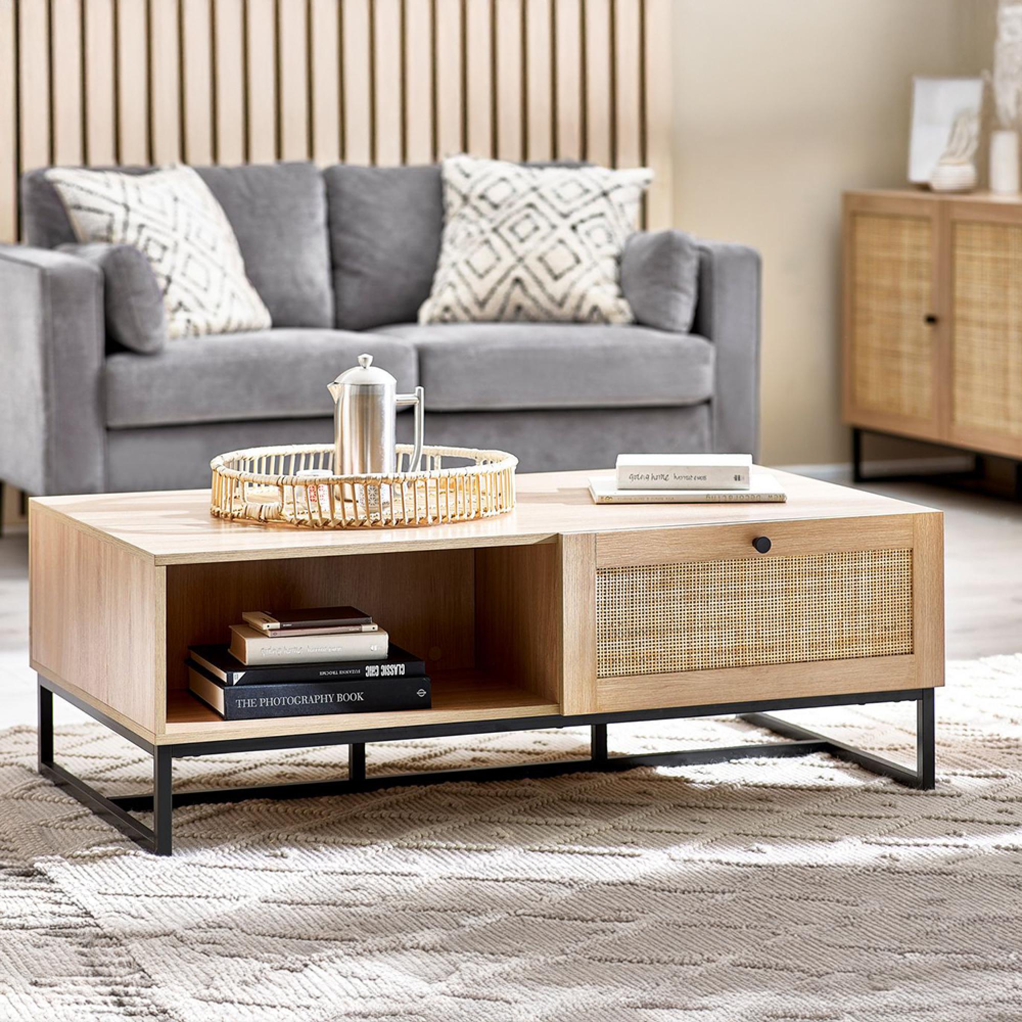 Padstow Oak and Rattan 120cm Coffee Table