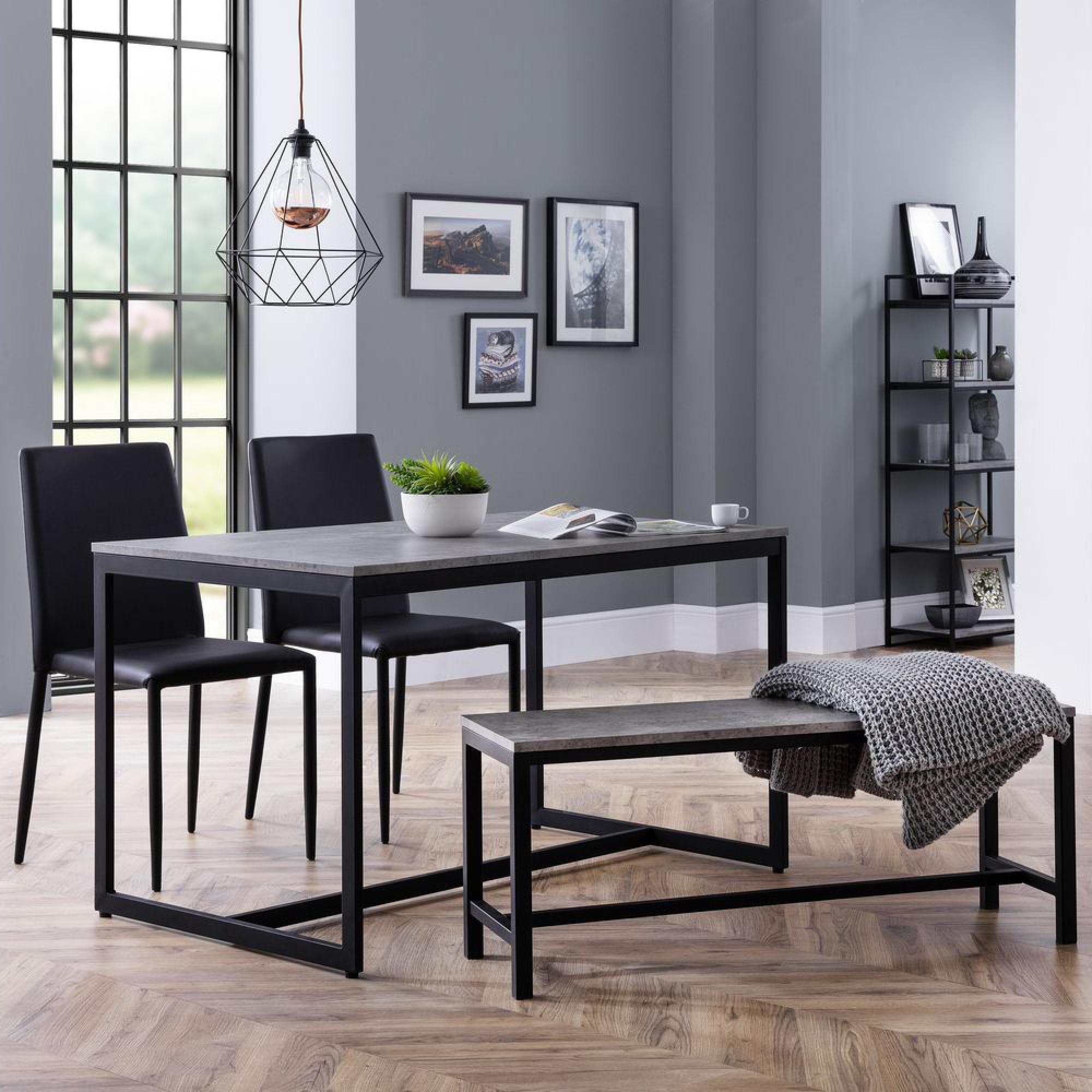 Staten Concrete Effect 4 Seater Dining Set with Jazz Black 2 Chair and 1 Bench