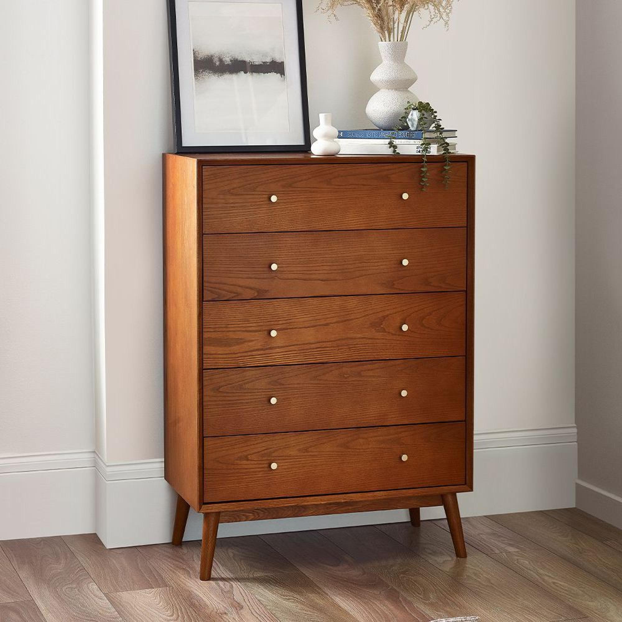 Lowry Cherry Wood Retro Style 5 Drawer Midi Chest