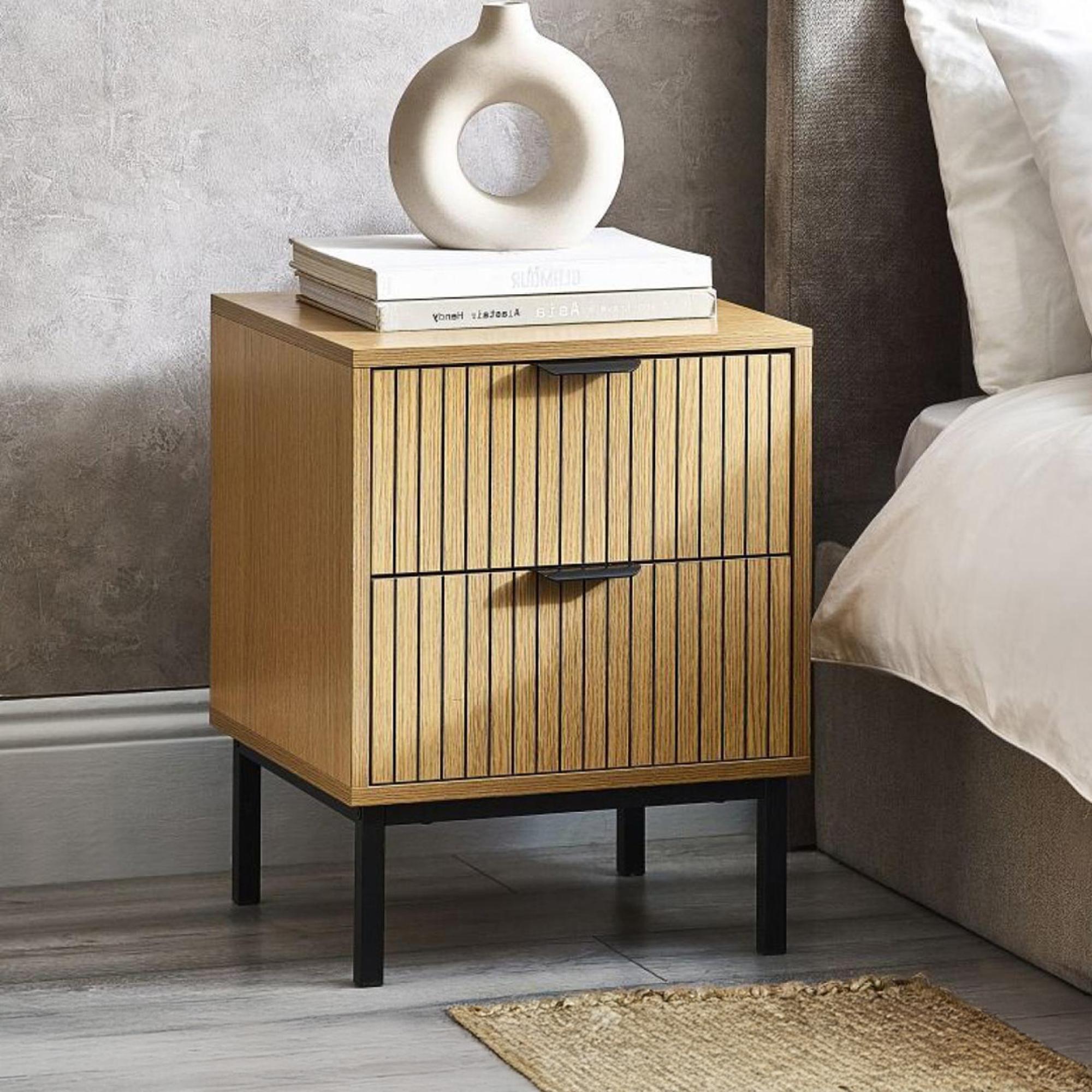 Sia Ribbed Oak 2 Drawer Bedside Cabinet
