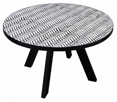 Product photograph of Voyager Monochrome Chevron Inlay Print 130cm Round Dining Table from Choice Furniture Superstore