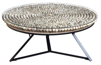 Product photograph of Driftwood Reclaimed Bamboo And Glass Top Round Coffee Table from Choice Furniture Superstore