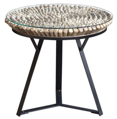 Product photograph of Driftwood Reclaimed Bamboo And Glass Top Round Lamp Table from Choice Furniture Superstore