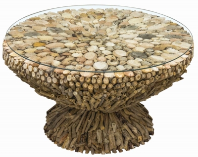 Image of Driftwood and Glass Top Round Coffee Table