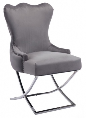 Product photograph of Michelle Cross Leg Back Tufted Buttoned Silver Grey Velvet Fabric Dining Chair Sold In Pairs from Choice Furniture Superstore