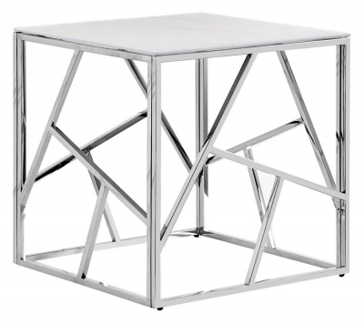 Product photograph of Elena White Marble Effect Glass Top And Chrome Square Side Table from Choice Furniture Superstore