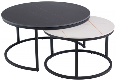 Product photograph of Rosa Set Of 2 Round Coffee Table - White And Black Sintered Stone Top With Black Powder Coated Base from Choice Furniture Superstore