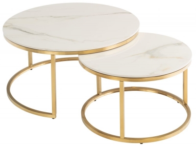 Product photograph of Burbank Set Of 2 Round Coffee Table - Kass Gold Marble Effect Top With Brushed Gold Base from Choice Furniture Superstore