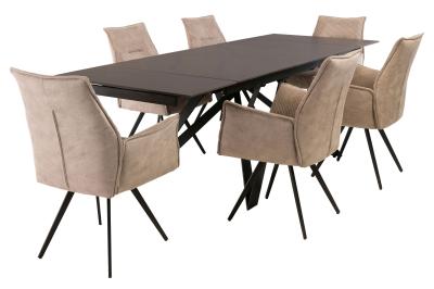 Benito 160cm 240cm Dark Grey Sintered Stone Extending Dining Set 6 Rina Beige Velvet Fabric Armchair