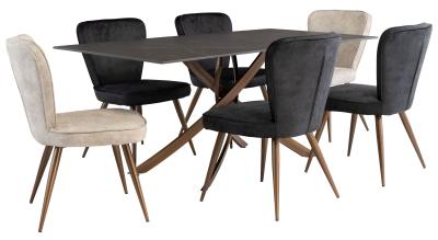 Rocco 180cm Mooney Black Sintered Stone Top Dining Set 4 Flavia Black And 2 Pearl Velvet Fabric Chair