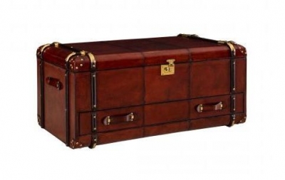 Product photograph of Mysore Handcrafted Leather Cognac Coffee Table Trunk With Drawer from Choice Furniture Superstore