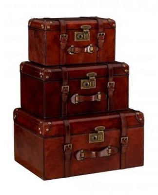 Mysore Handcrafted Leather Cognac Set of 3 Storage Trunk