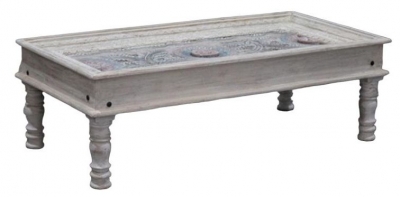 Product photograph of Rewa Hand Painted Carved Glass Top Coffee Table - 140cm X 45cm from Choice Furniture Superstore