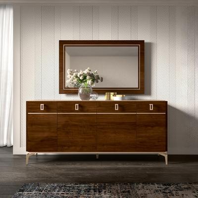 Modern Eva Walnut Italian Large Buffet Sideboard With Gold Trim 4 Doors