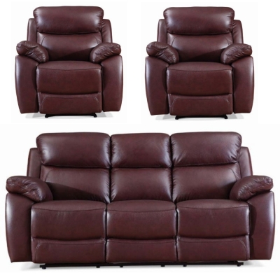 Product photograph of Rivoli Burgundy Leather 3 1 1 Recliner Sofa Set from Choice Furniture Superstore